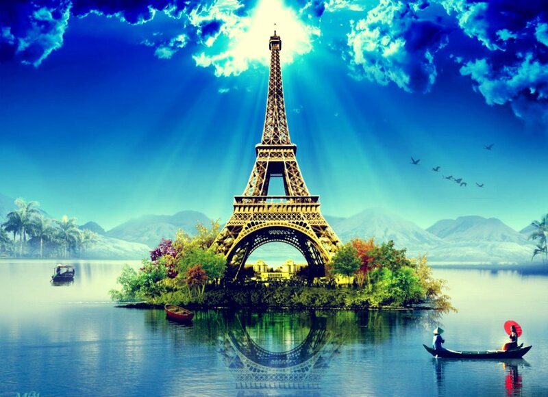 Eiffel Tower on Island — Blue, Dramatic