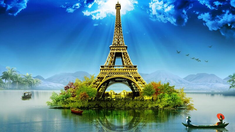 Eiffel Tower on Island — Blue, Serene
