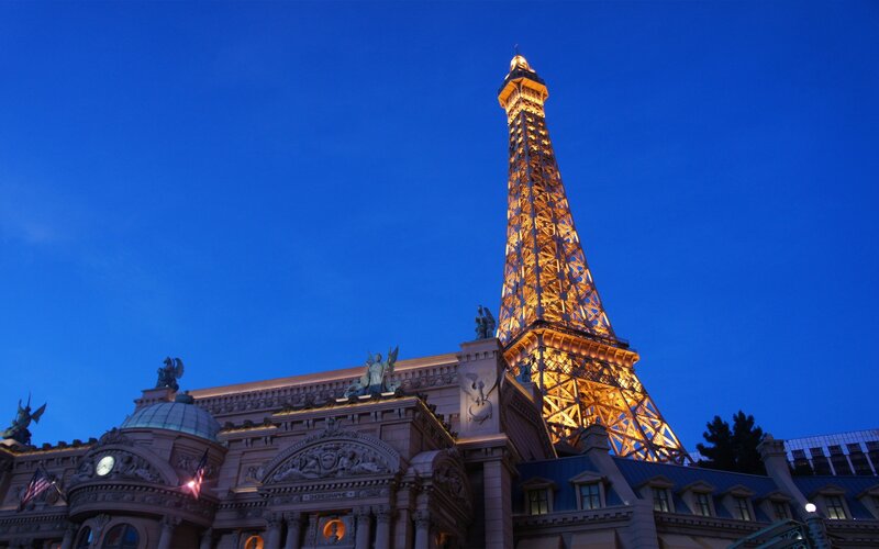 Eiffel Tower replica at dusk