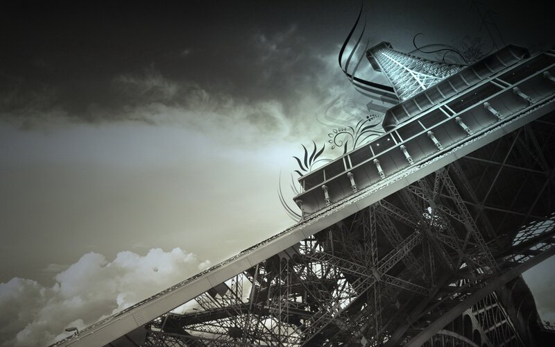 Eiffel Tower Structure — Gray, Dramatic, Digital Art, Clouds, Sky