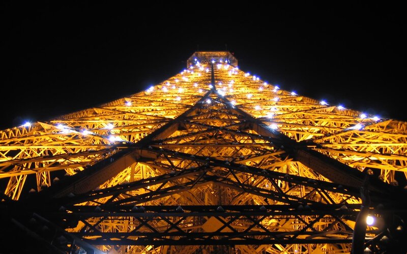 Eiffel Tower Structure — Yellow, Dramatic, Night, Photograph, Lights, Night Sky, Black