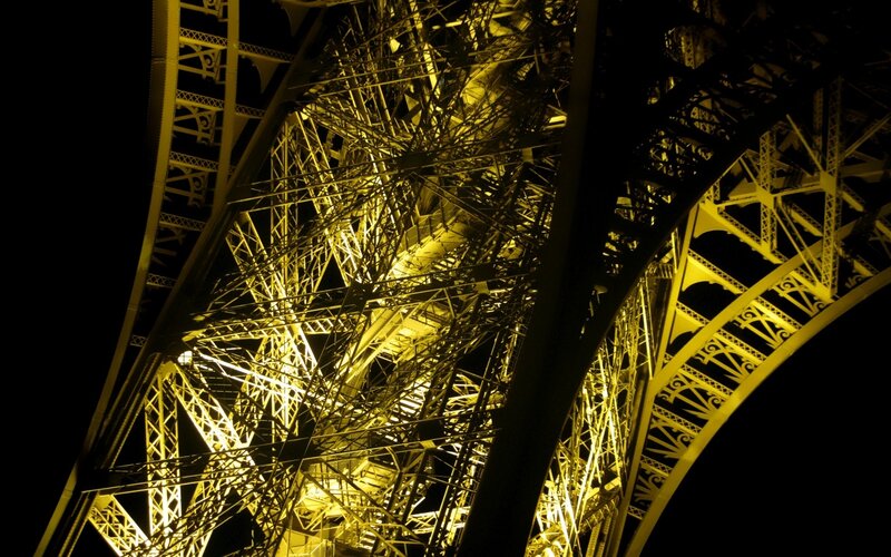 Eiffel Tower Structure — Yellow, Dramatic, Night, Photograph, Metal Framework