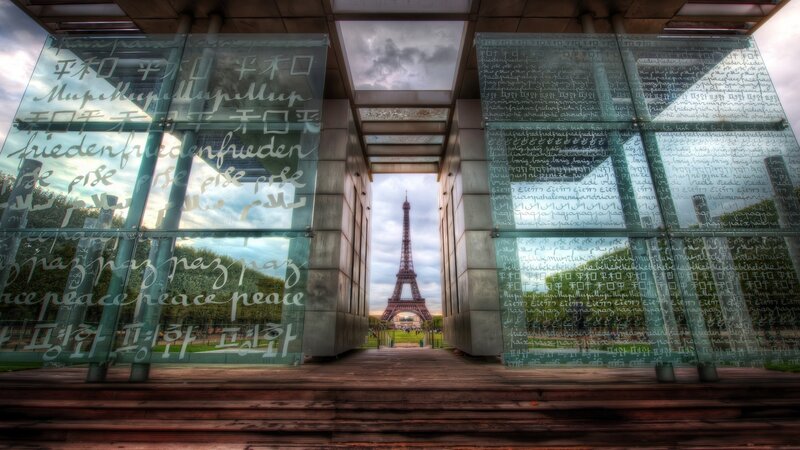 Eiffel Tower Through Glass Panels — Gray, Dramatic