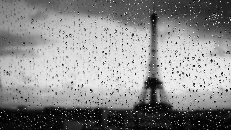 Eiffel Tower Through Raindrops — Black, Melancholic, Photograph, Sky, White, Gray