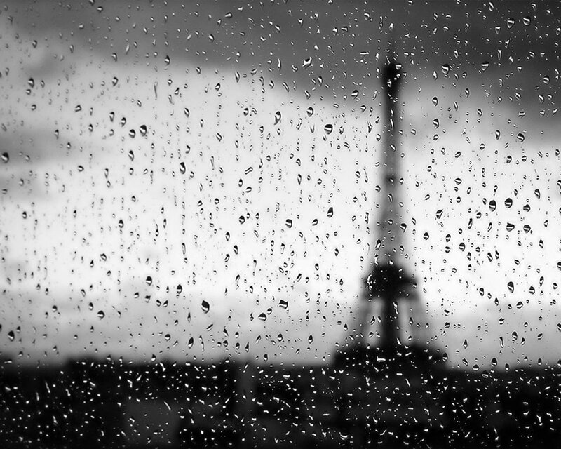 Eiffel Tower Through Raindrops — Black, Melancholic