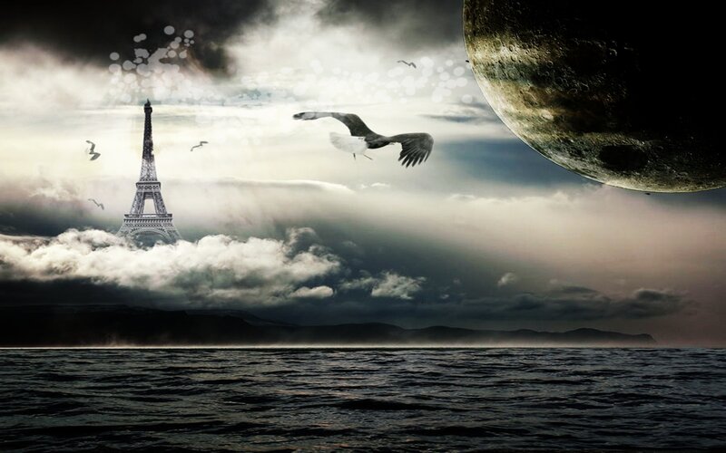 Eiffel Tower under a surreal sky
