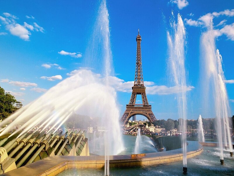 Eiffel Tower with Fountains — Blue, Bright, Afternoon, Photograph, Sky, Trees, White