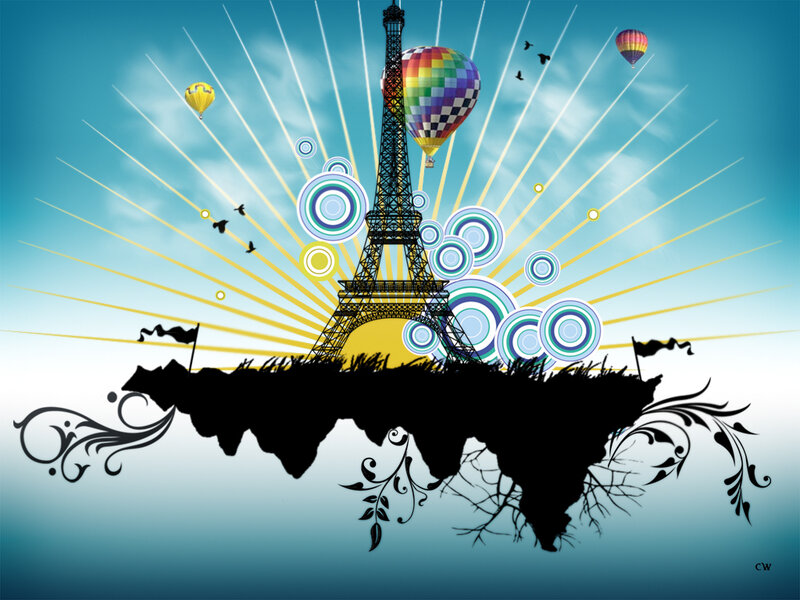 Eiffel Tower with hot air balloons