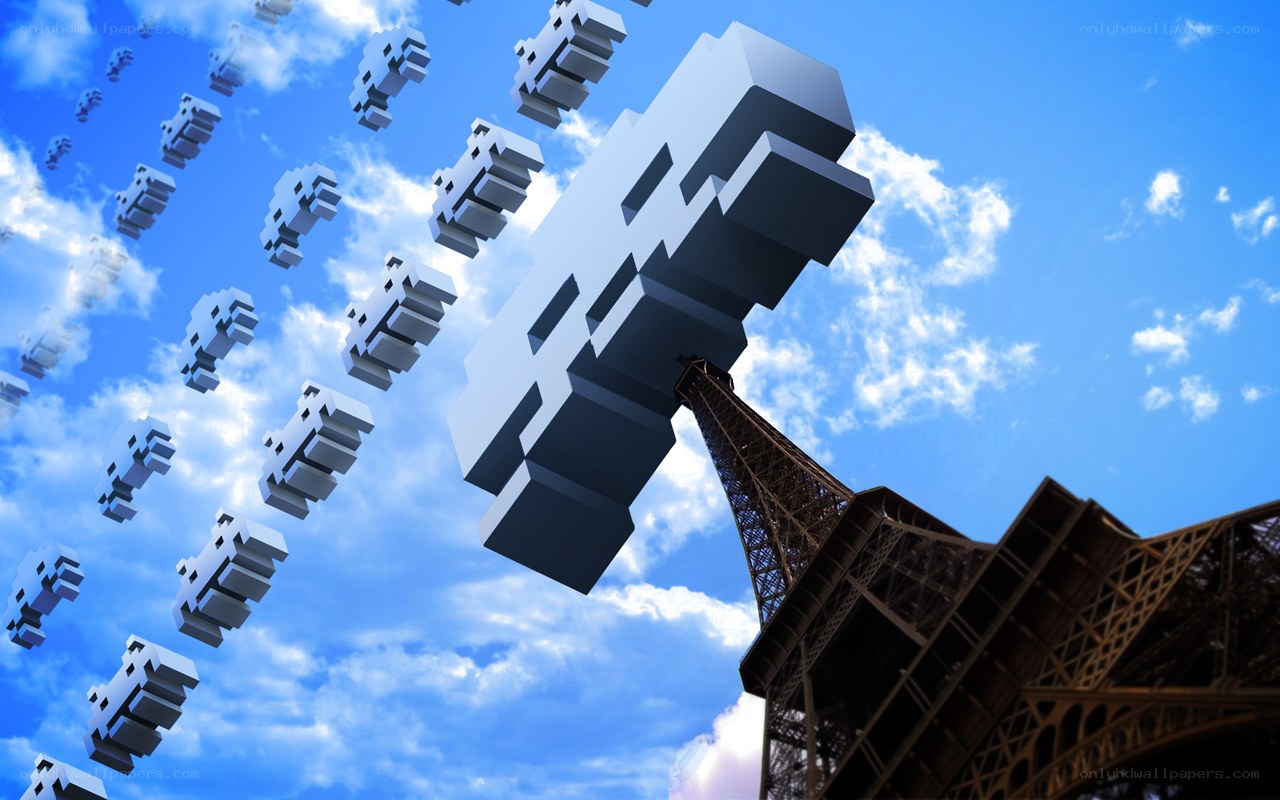 Eiffel Tower with pixelated invaders