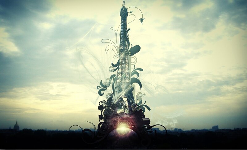 Eiffel Tower with Swirls — Gray, Dramatic, Sunset, Digital Art, Sky, Cityscape, Sun, Yellow, Black