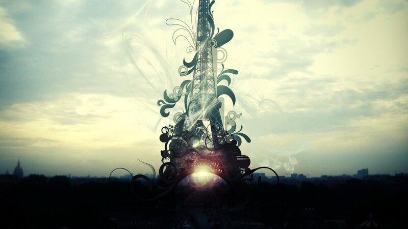 Eiffel Tower with Swirls — Gray, Dramatic, Sunset, Digital Art, Sky, Cityscape