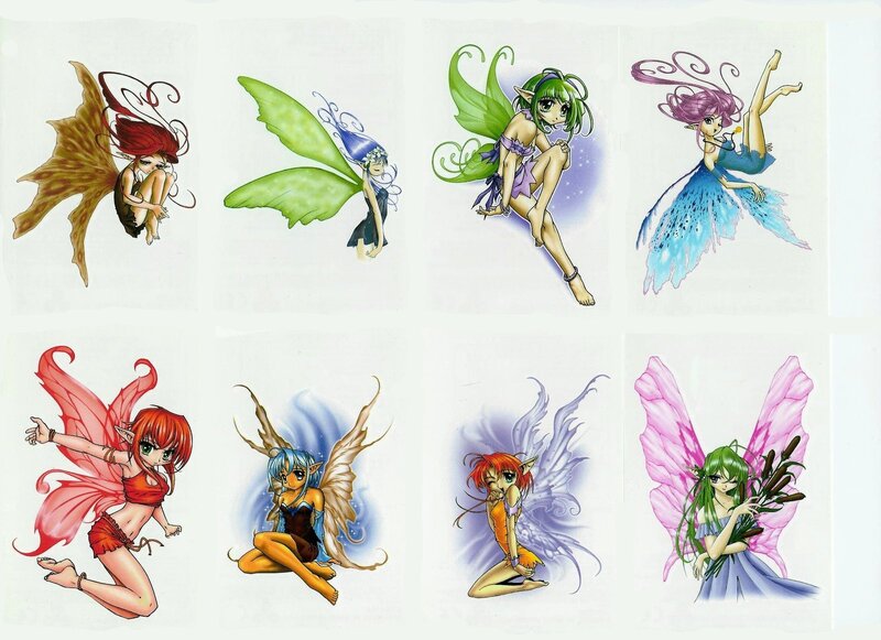 Eight fairy characters in colorful designs