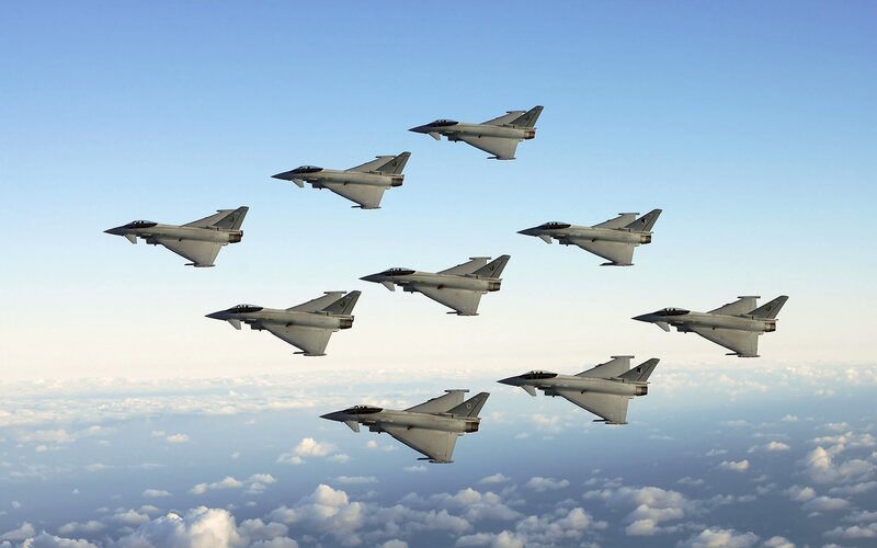 Eight Fighter Jets in Formation — Blue, Serene