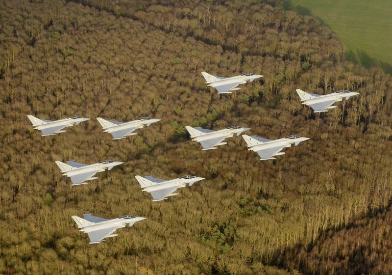 Eight Fighter Jets in Formation — Gray