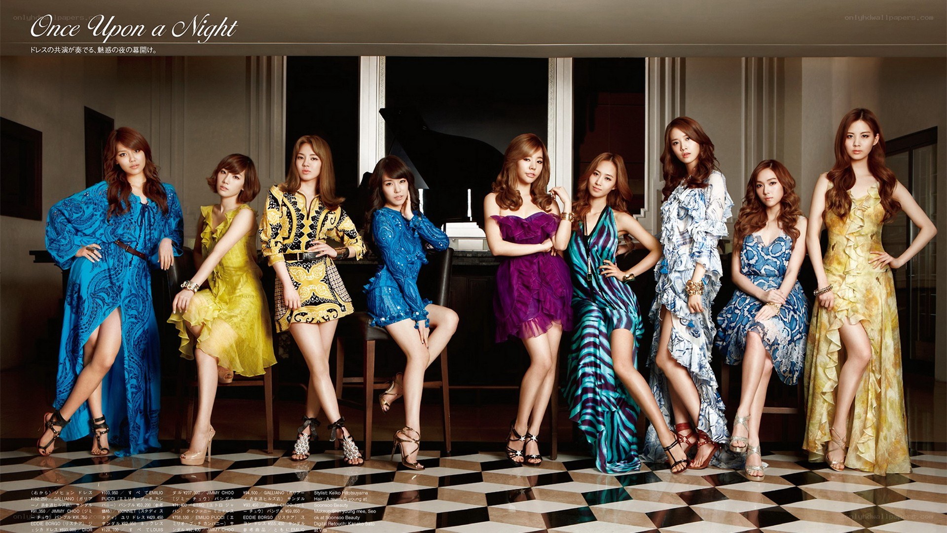 Eight women in elegant dresses