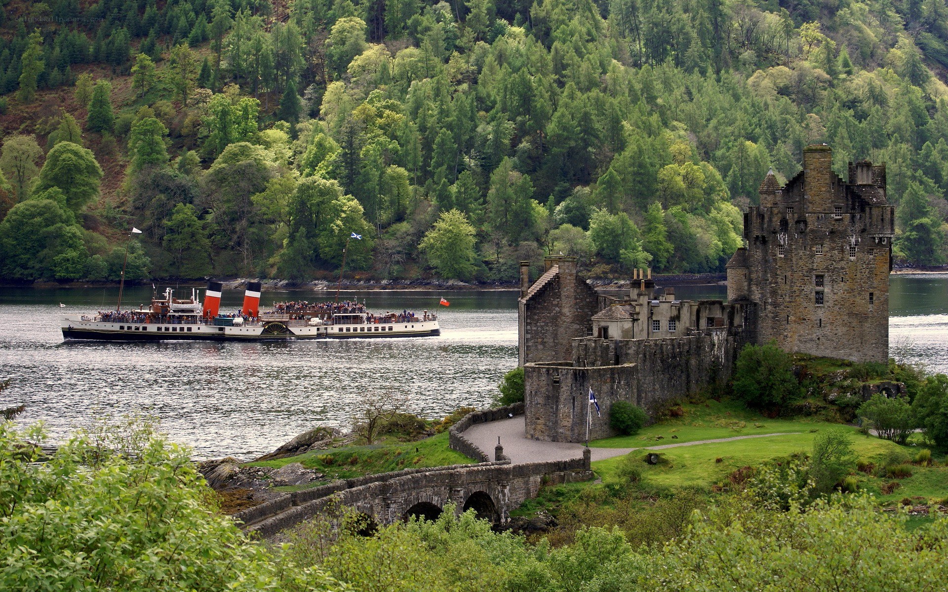 Eilean Donan Castle and a steamship