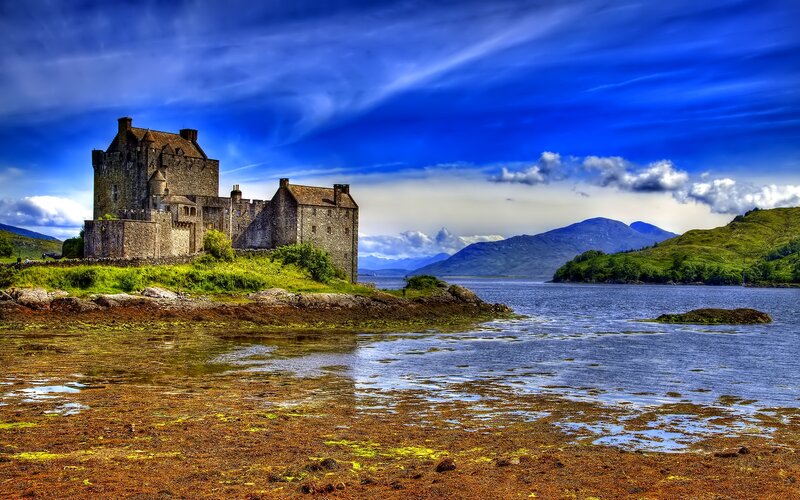 Eilean Donan Castle — Blue, Dramatic, Afternoon, Photograph, Lake, Mountains