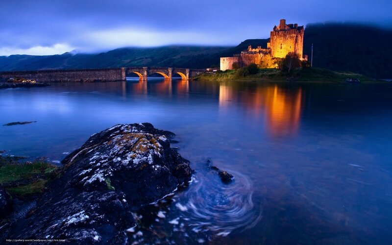 Eilean Donan Castle — Blue, Serene, Night, Photograph, Bridge, Lake