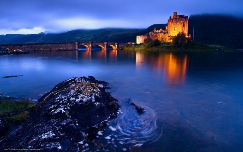 Eilean Donan Castle — Blue, Serene, Night, Photograph, Bridge