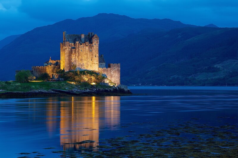 Eilean Donan Castle — Blue, Serene, Night, Photograph, Lake, Mountains, Night Sky