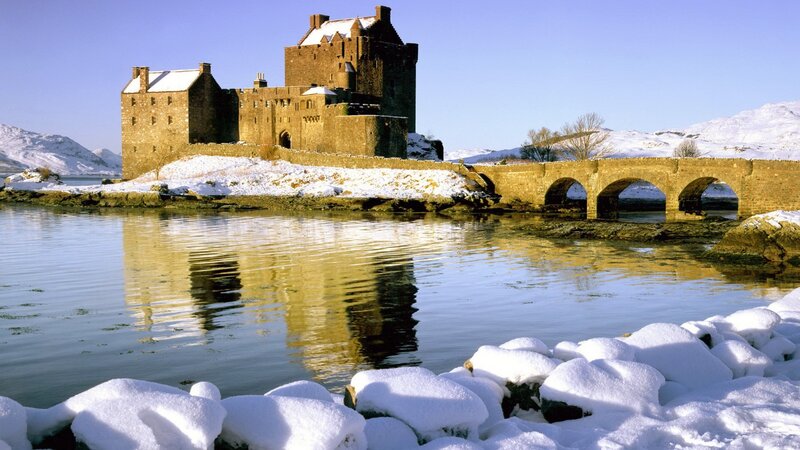 Eilean Donan Castle — Blue, Serene, Winter, Photograph, Bridge, Snow