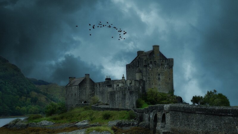 Eilean Donan Castle — Gray, Dramatic, Photograph, Birds