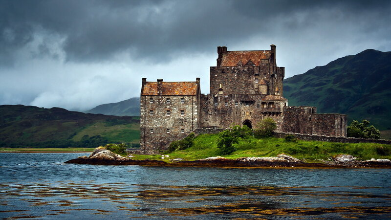 Eilean Donan Castle — Gray, Dramatic, Photograph, Lake, Mountains, Clouds