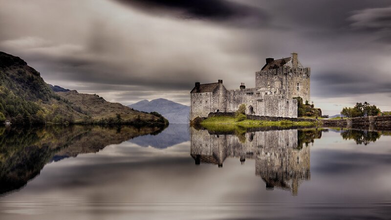 Eilean Donan Castle — Gray, Dramatic, Photograph, Lake, Mountains