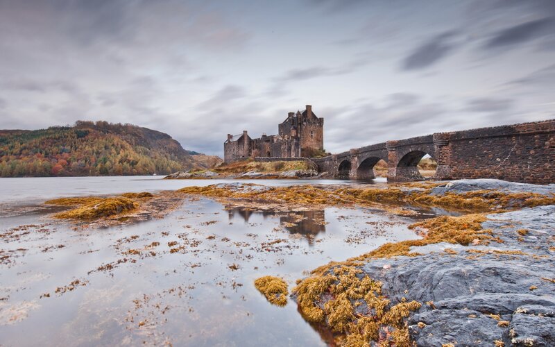 Eilean Donan Castle — Gray, Serene, Autumn, Photograph, Bridge, Lake, Brown, Green