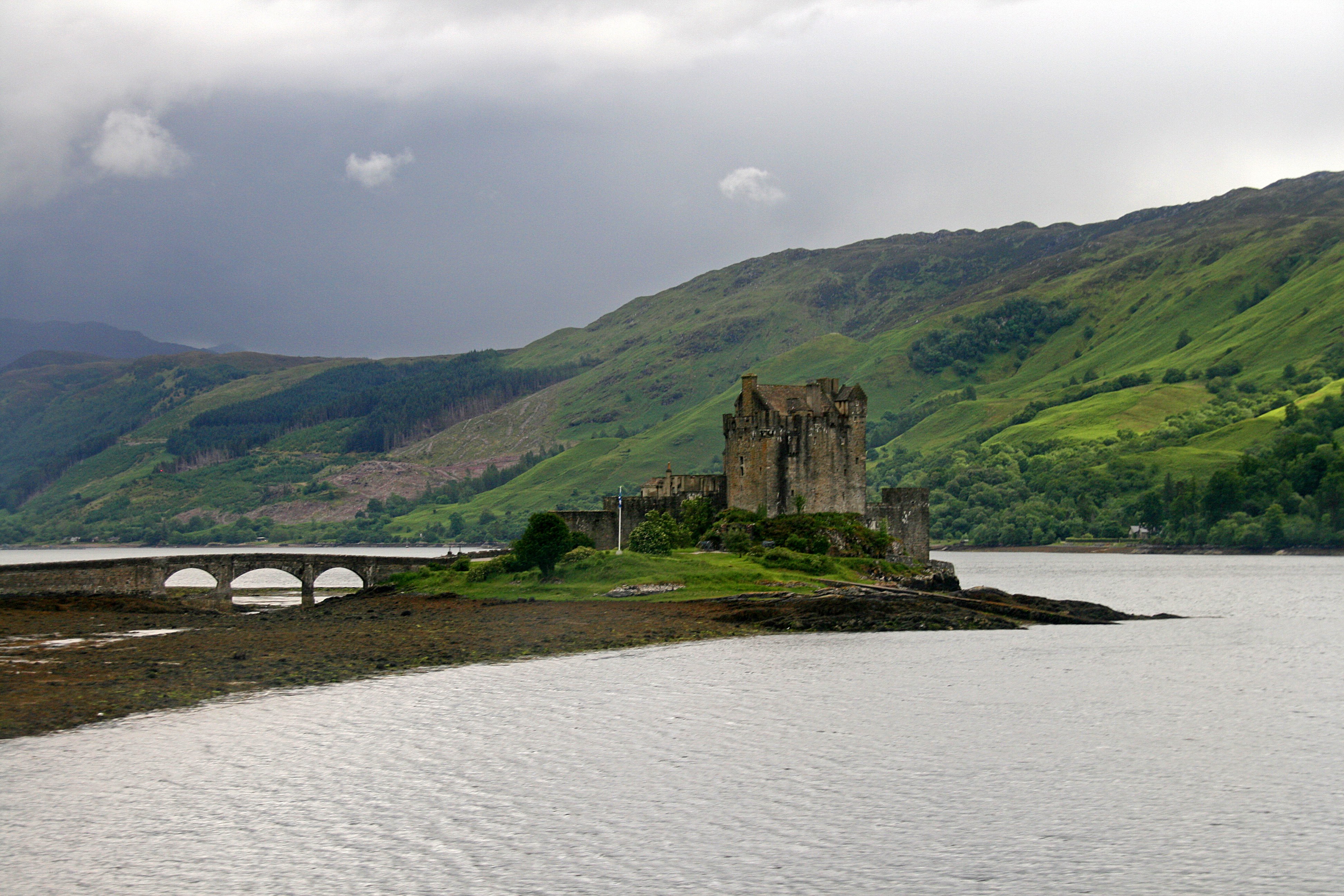 Eilean Donan Castle on a cloudy day