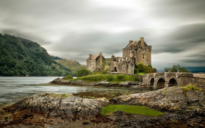 Eilean Donan Castle on a cloudy day