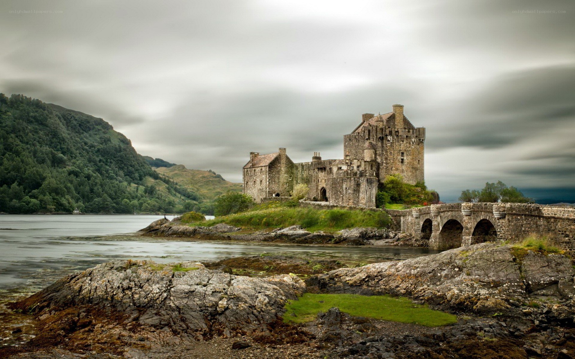 Eilean Donan Castle on a cloudy day