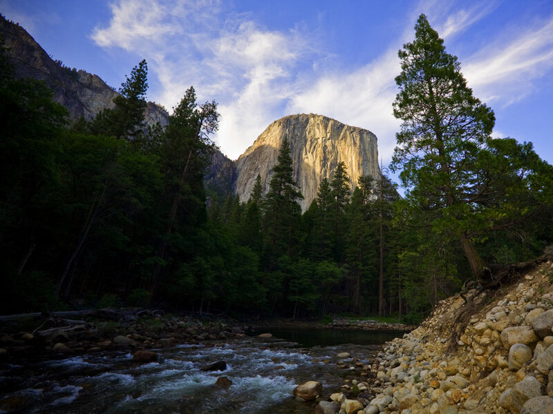 El Capitan in Yosemite — Blue, Serene, Sunset, Photograph, River, Trees, Mountain, Green