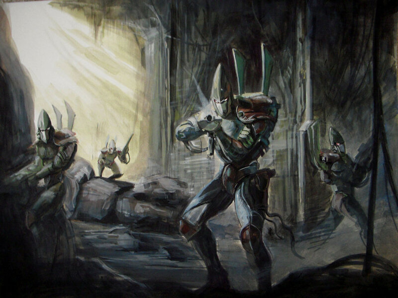 Eldar warriors in a dark forest