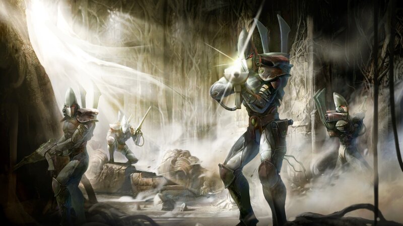 Eldar warriors in a forest battle