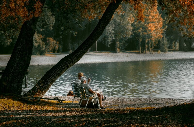 Elderly Couple on Bench — Brown