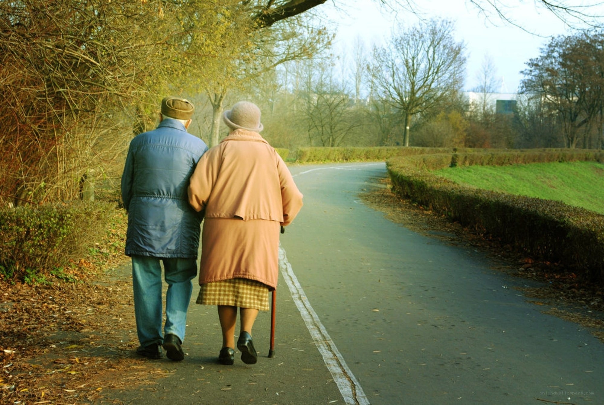 elderly couple walking in park