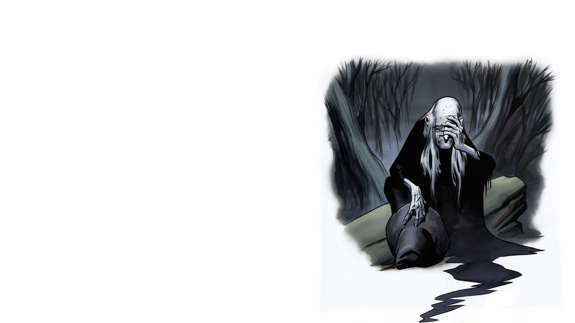 elderly figure in dark forest