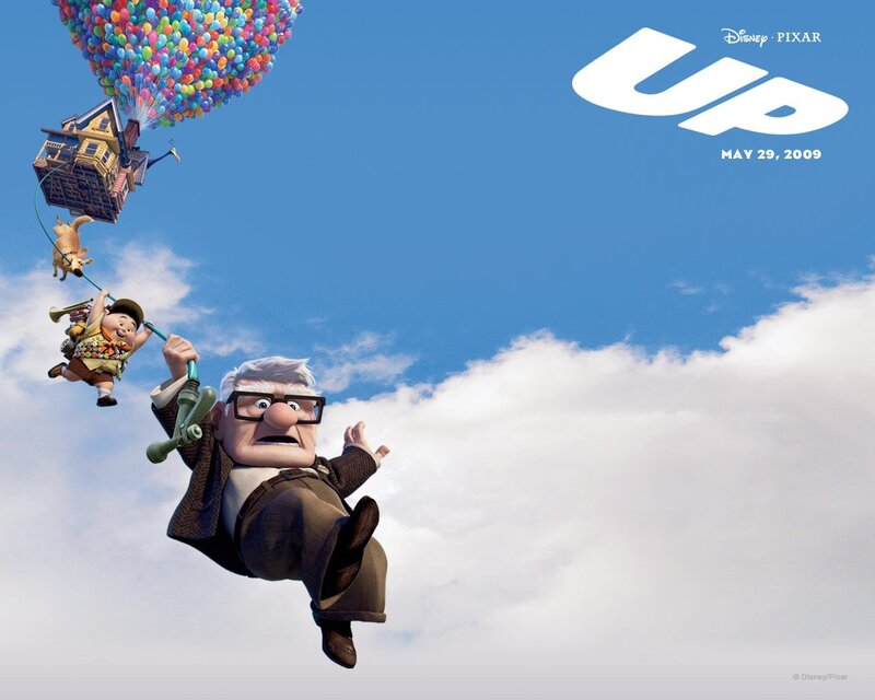 Elderly Man and Boy Flying — Blue, Adventurous, Afternoon, 3d Render, House, Balloons