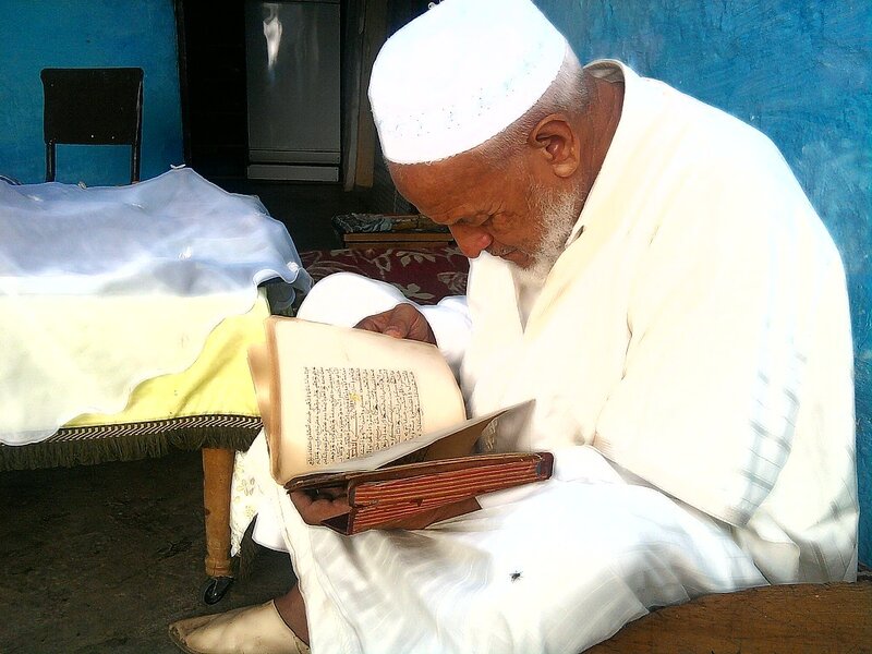 Elderly Man Reading Book — White