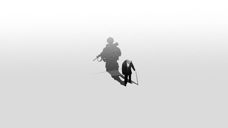 Elderly Man with Cane — Black, Dramatic