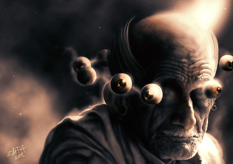 elderly man with floating eyes