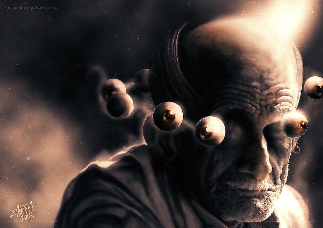 elderly man with floating eyes