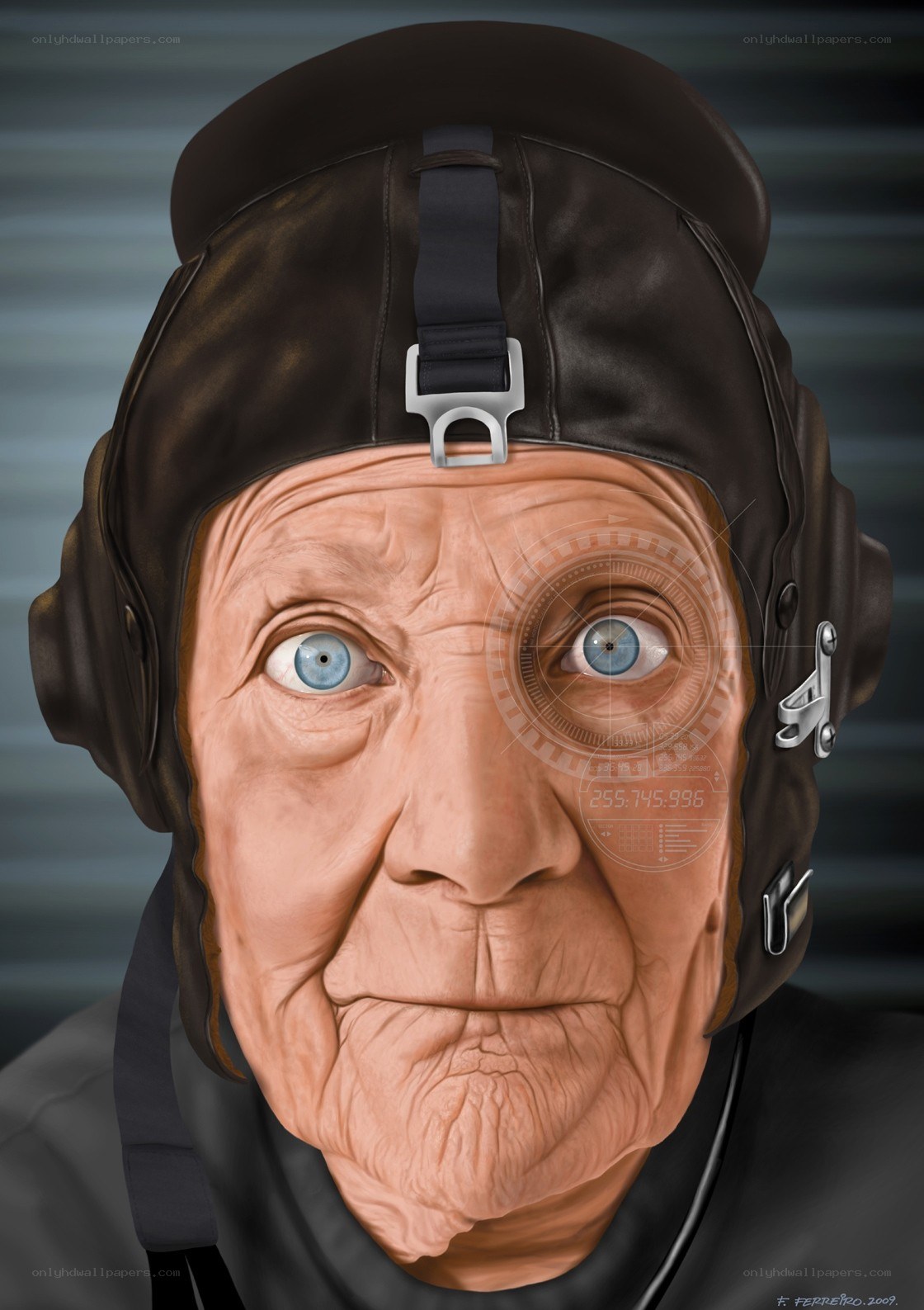 elderly pilot with futuristic visor