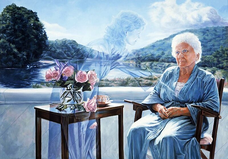 Elderly Woman in Chair — Blue
