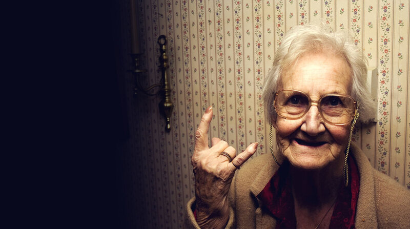 Elderly Woman Making Hand Gesture — Beige, Playful