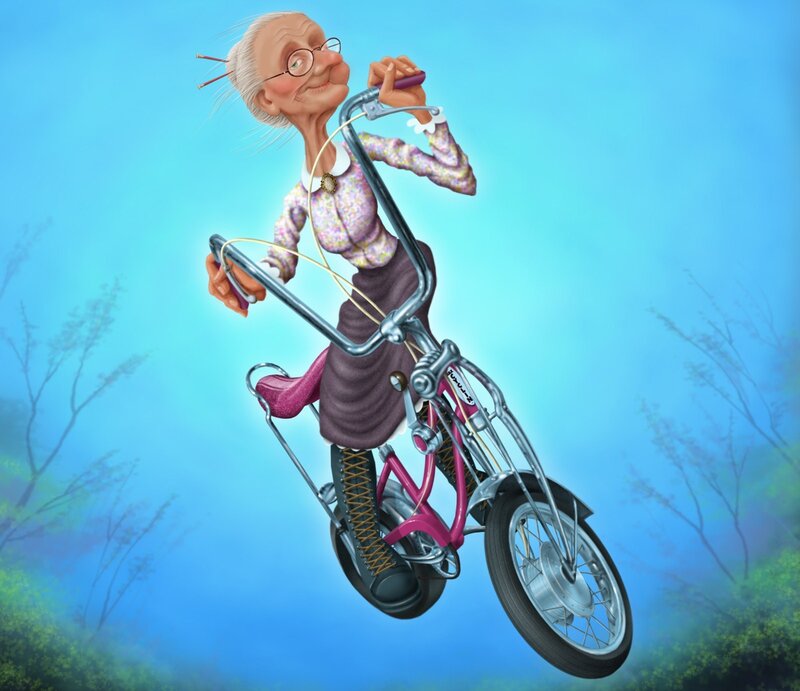 elderly woman on a bicycle