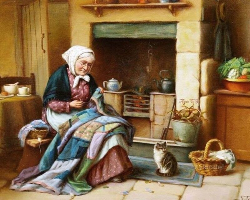 Elderly Woman Sewing — Brown
