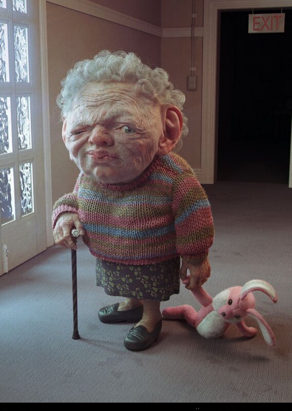 elderly woman with cane and toy