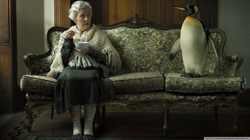 Elderly Woman with Penguin — Green, Dramatic, Photograph, Couch, Bowl, Beige